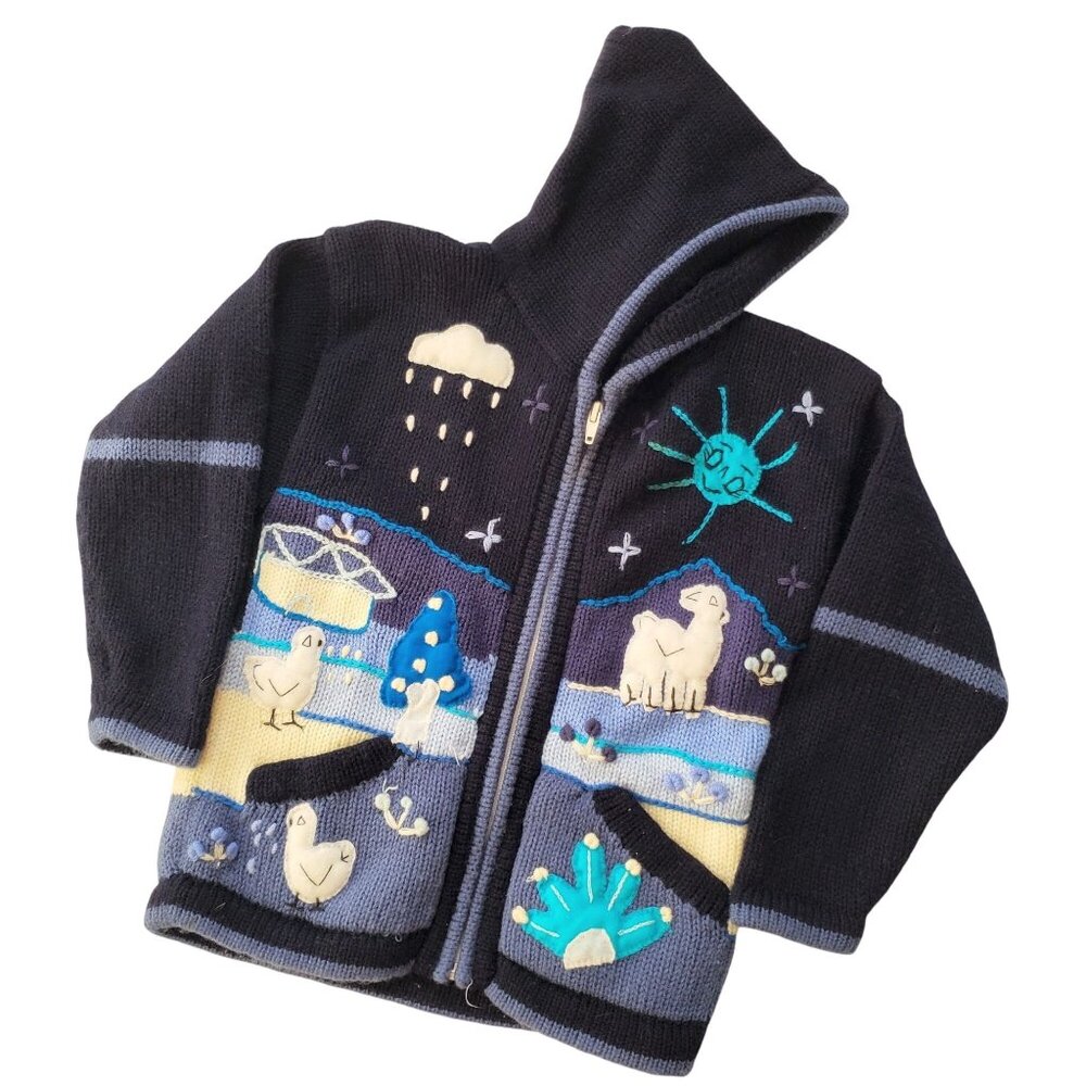 Kids Knit Hoodie w Appliques M 8 Unisex Blue Llama Nature Scene Warm Jacket